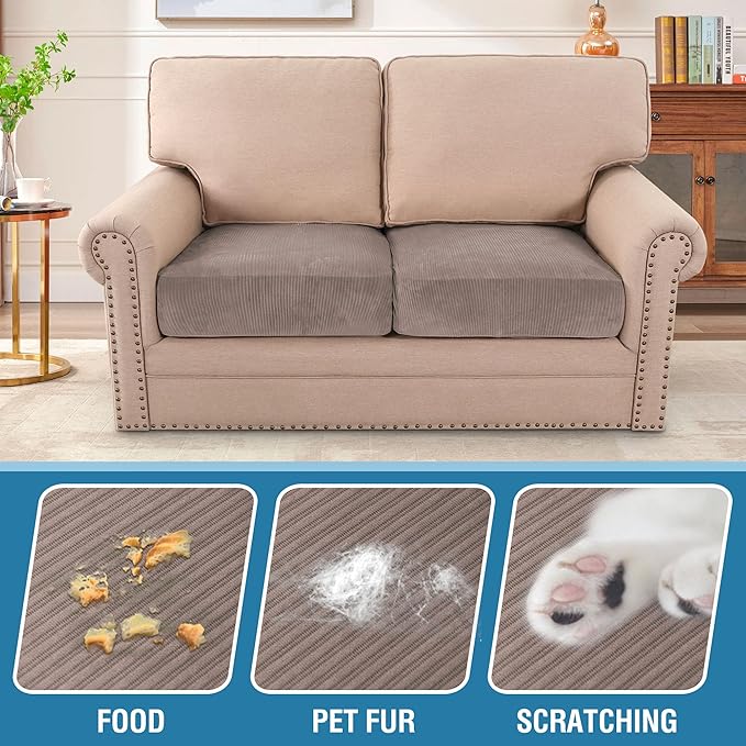 H.VERSAILTEX Velvet Stretch Couch Cushion Cover Plush Cushion Slipcover for Chair Loveseat Sofa Cushion Furniture Protector Seat Cushion Sofa Cover (2 Piece Medium Sofa Cushion Covers, Taupe Striped) - Image 3