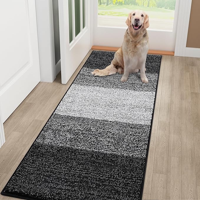 Smiry Dog Door Mat for Muddy Paws, Absorbs Moisture and Dirt, Low-Profile Entryway Mat with Non-Slip Backing, Entry Indoor Outdoor Doormat for Inside Floor (48x30 Inches, Black, Striped) by Smiry
