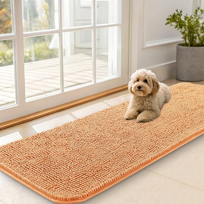 OLANLY Dog Door Mat for Muddy Paws 59x20, Absorbs Moisture and Dirt, Absorbent Non-Slip Washable Doormat, Quick Dry Chenille Mud Mat for Dogs, Entry Indoor Entryway Carpet for Inside Floor, Orange by OLANLY