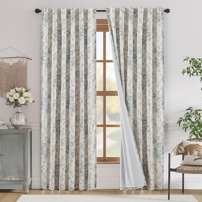 jinchan Blackout Linen Blend Curtain Grey Floral Blackout Curtains for Living Room 84 Inch Length Gray Printed with Lined Blackout Curtain for Bedroom Farmhouse Curtains Set 2 Panels by JINCHAN