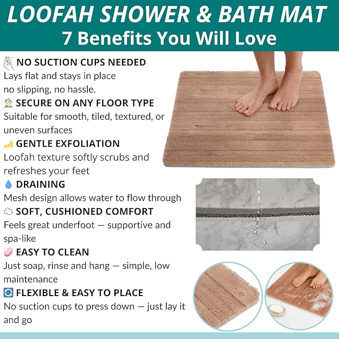 Anti Slip Shower Mat Square - Non Slip Shower Mats for Inside Shower - 24x24 Shower Floor Mat Non Slip - Square Bath Mat for Shower - Secure Loofah Shower Mat No Suction Cups (24x24 Wood Teak) - Image 4