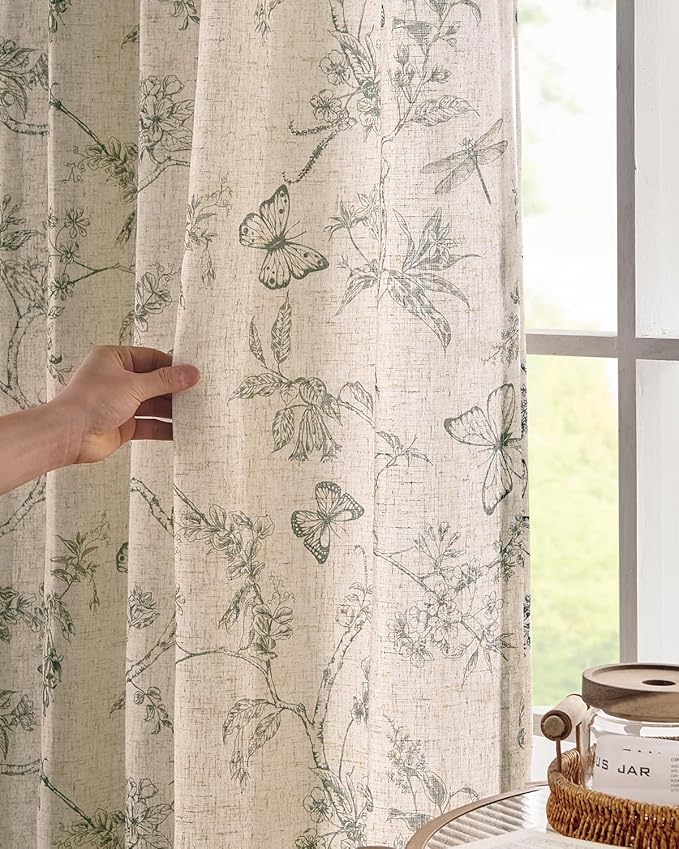 jinchan Floral Linen Curtains for Living Room 84 Inch Length Butterfly Curtain Grey Floral Curtains French Country Farmhouse Curtain Gray Flower PatternedDrapes Window Treatment Set 2 Panels - Image 3