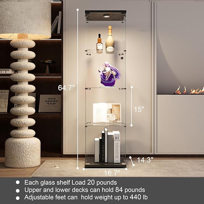 Yoluckea 4 Shelves Glass Display Cabinet with LED Light and Door, Floor Standing Clear Glass Curio Cabinet Collection for Living Room Bedroom 64.7”x16.7”x 14.3” Black(Upgrade Assembly) - Image 2