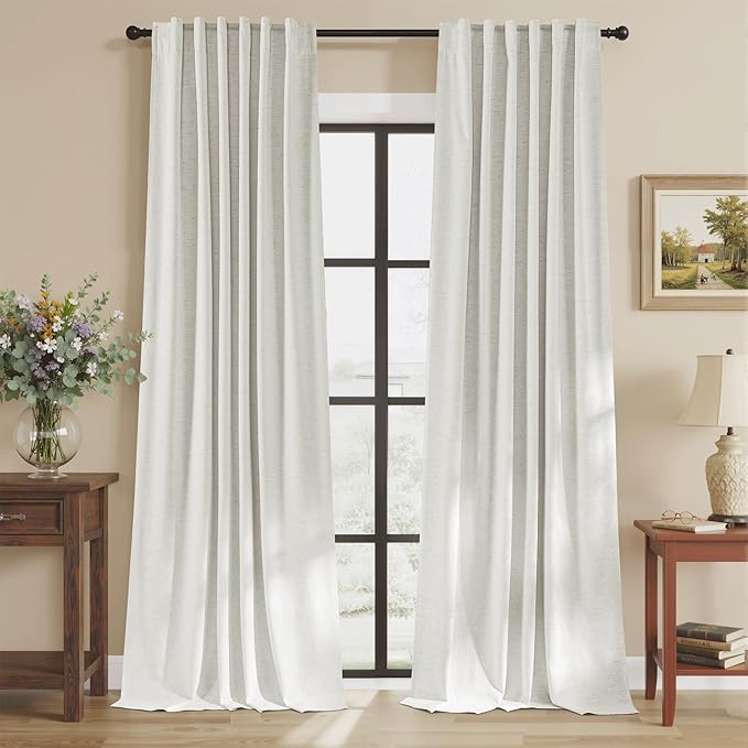 RYB HOME Ivory White 100% Blackout Curtains for Bedroom, Linen Drapes Back Tab&Rod Pocket, Thermal Insulated Privacy Assurd Curtains for Sliding Glass Doors/Dining/Living Room, W52 x L108, 2 Panels by RYBHOME