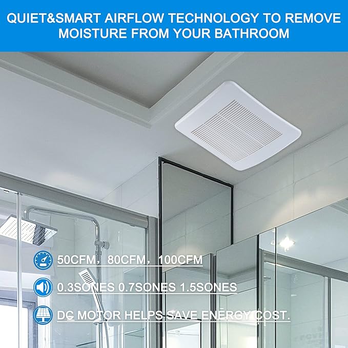 Tech Drive Bathroom fan 50-80-100 CFM DC Energy-Saving Motor,Very Quiet Ventilation and Exhaust Fan, Ceiling or Wall Mounted Fan, CFM Adjustable,White - Image 2