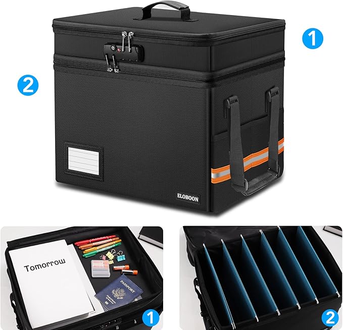 Fireproof Document Box with 13 Pockets Accordian File Organizer, Water-Resistant File Organizer Box with Lock, Collapsible File Storage Cabinet for Hanging Letter/Legal Folder, Black - Image 6