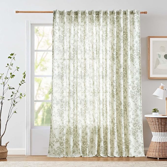 jinchan Linen Floral Curtains 100 Inch Extra Wide for Patio Sliding Glass Door Room Divider Curtain for Living Room 96 Inch Length Farmhouse Peony Green Printed Curtain Set 1 Panel by JINCHAN