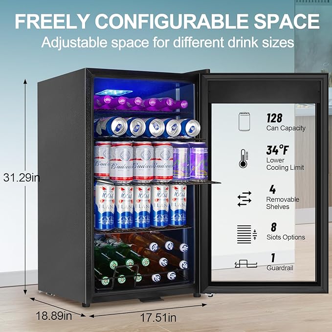 128 Cans Beverage Refrigerator Cooler, 3.2 Cu.Ft Mini Drink Fridge Glass Door for Drink Beer Soda Wine, Small Beer Fridge with 4 Removable Shelves for Kitchen Bedroom, Office Bar Gaming Room, Black - Image 2
