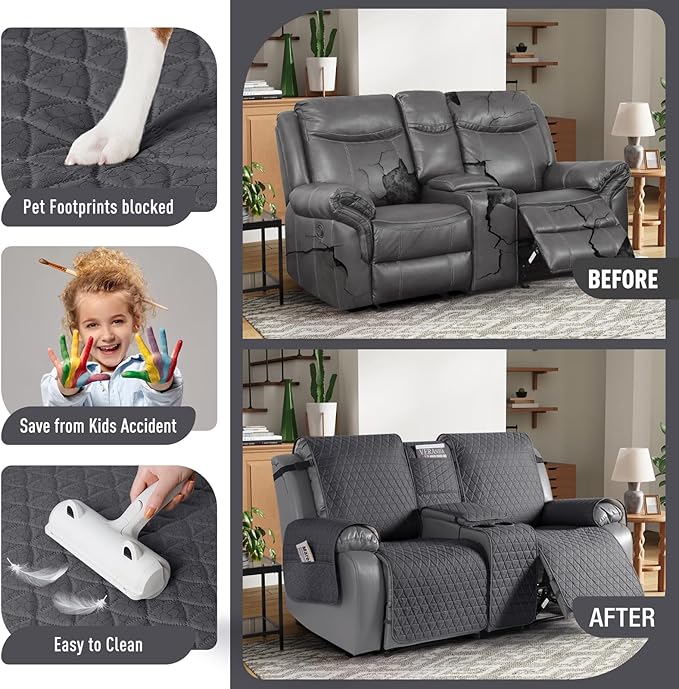 TAOCOCO 100% Waterproof Loveseat Recliner Couch Sofa Covers with Console,Double Reclining Couch Cover Non-Slip Sofa Slipcovers Washable,Furniture Protector Covers for Kids,Pets(2 Seater,Black Gray) - Image 3