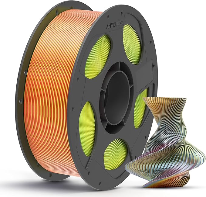 ANYCUBIC Silk Tri Color Pla Filament, 3-in-1 Chrome Coextrusion Color Change 3D Printer Filament 1.75mm Dimensional Accuracy +/- 0.02mm, Silk Texture, 1KG Reusable Spool (2.2 lbs), Red Yellow Green by ANYCUBIC