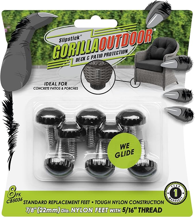 Slipstick Gorilla Outdoor Adjustable Furniture Levelers (8 Pack) Weatherproof Screw in Leg Glides for Chairs, Tables, and Outdoor Furniture Feet, 7/8 Inch Nylon Spherical Glide, 5/16"-18 BSW Thread by Slipstick