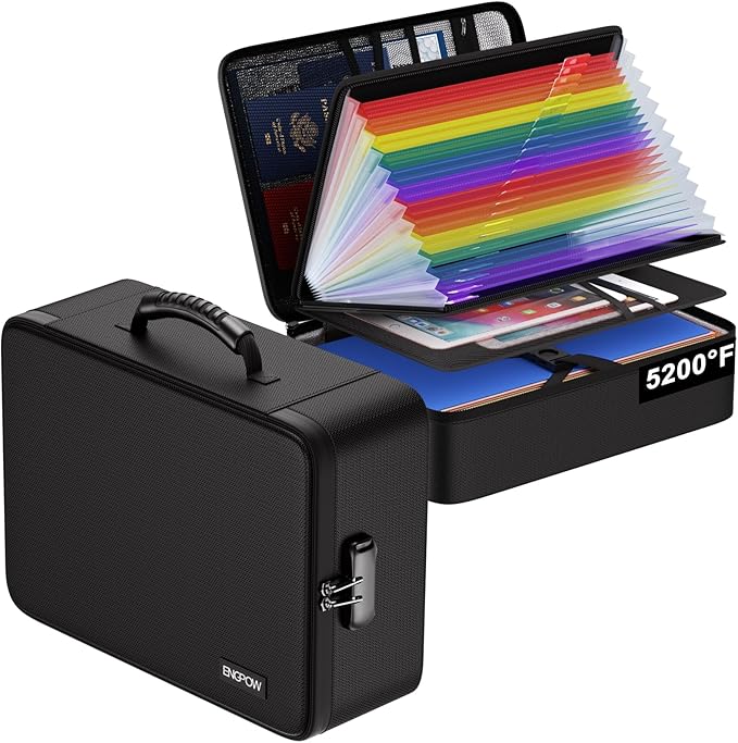 ENGPOW 5200℉ Soft Case Fireproof Document Box with Lock,Fireproof Box with 25 Colorful Pocket Accordion File Folder,Fireproof Water Resistant Safe File Organizer Storage for Important Documents by ENGPOW