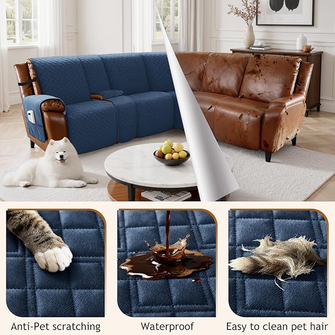 Arfntevss Waterproof Recliner Sectional Couch Covers for Reclining L Shape Sofa Cover Non Slip Washable L Shaped Slipcover Sets for Dog Furniture Protector (5 Seat with 1 Console Cover, Dark Blue) - Image 6