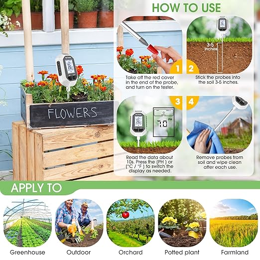 4-in-1 Soil Moisture Meter, Digital Plant Temperature/Soil Moisture Test & PH Meter/Sunlight Intensity, Backlight LCD Display for Gardening, Farming and Outdoor Plants - Image 5