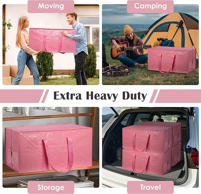 6 Pack Extra Heavy Duty Large Moving Bags with Reinforced Zipper & Wide Handles, Waterproof Storage Bins for Clothes, College Dorm, Travel, and Home Organization, Pink - Image 7