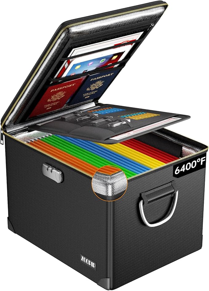 Fireproof Document Box,Hard Case File Organizer with Fireproof Zipper&Threads,Non-Foldable Filing Cabinet with Lock, Portable Office Safe Box Storage for Hanging Letter Folder,Valuables,Black by ZOOPIP