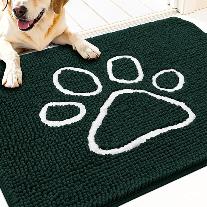 OLANLY Dog Door Mat for Muddy Paws 30x20, Paw Print Design, Absorbs Moisture and Dirt, Absorbent Non-Slip Washable Doormat, Quick Dry Chenille Mud Mat, Entry Indoor Entryway Carpet, Blackish Green by OLANLY