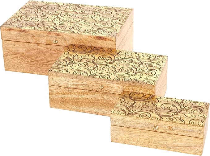 Deco 79 Mango Wood Scroll Handmade Decorative Box Storage Decorative Keepsake Box with Gold Accents, Set of 3 Storage Box 11", 9", 7"W, Brown by Deco79