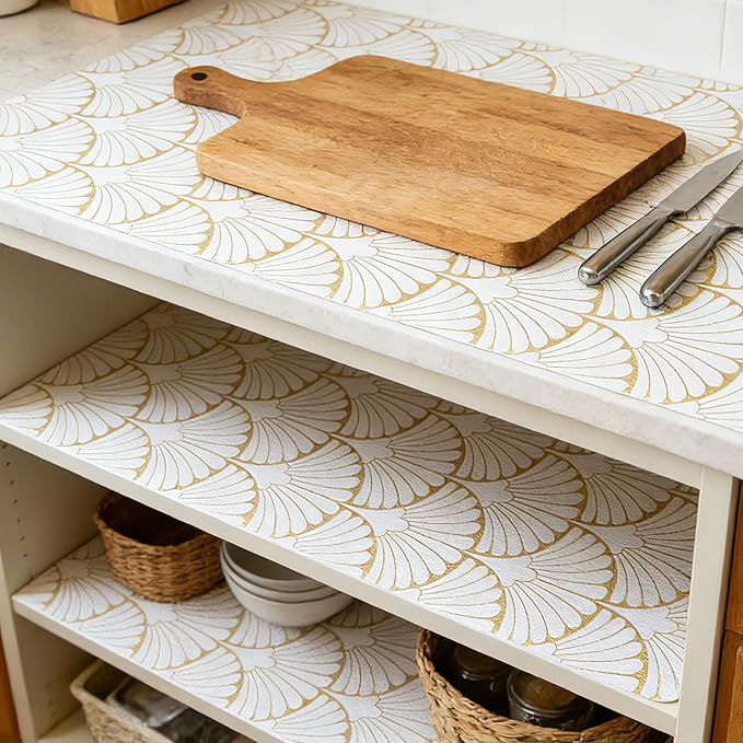 Shelf Liners Non Adhesive Gold Background White Fan-Shaped Pattern - Thickened Non-Slip Easy to Clean Drawer Liner for Kitchen Cabinets, Tool Box,Refrigerator,with Knife & Tape Measure,12in x 10FT - Image 4