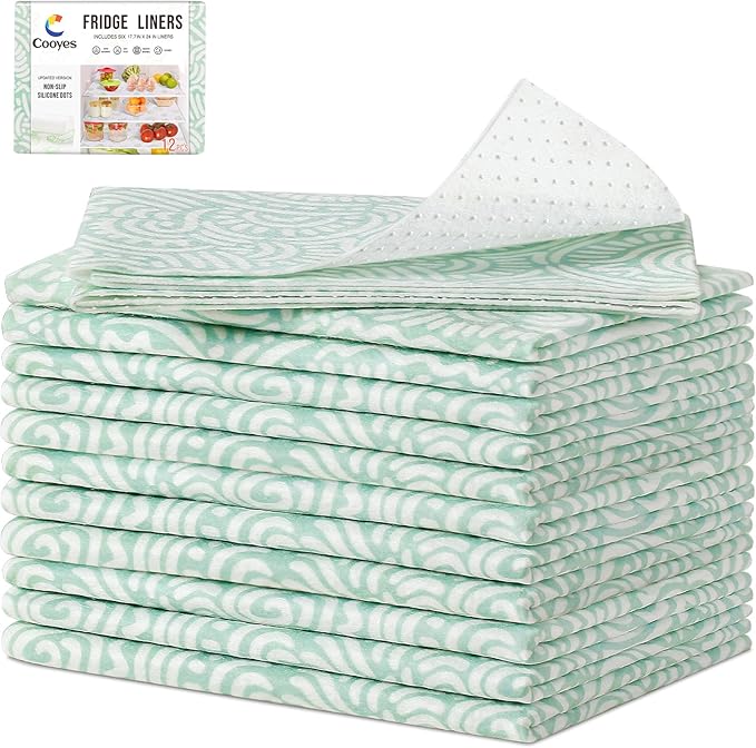 Cooyes 12 Pack Fridge Bin Liners, 12“ × 24” Refrigerator Mats with Non-Slip Particles, Drawer Liners for Kitchen Cabinets, Breathable Cloth Material BPAfree, Keep Produce Fresh Longer by Cooyes