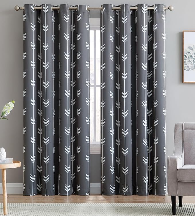 HLC.ME Arrow Printed Blackout Room Darkening Thermal Grommet Window Curtain Drape Panels for Bedroom - Set of 2 - Grey - 84" inch Long by HomeLinenCollections