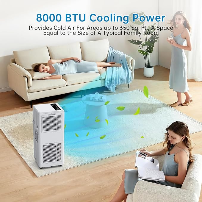 8000 BTUs Portable Air Conditioner with Efficient Cooling, Quiet Portable Cooling AC Up to 350 Sq.Ft. with Dehumidifier, Fan, Sleep Modes, 3-in-1 AC Unit with Remote Control & 24H Timer, White - Image 5