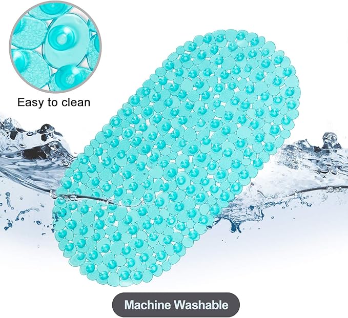 WELTRXE Pebbles Bath Mat Oval Non-Slip Bathtub Mat with Suction Cups, Drain Holes for Bathroom Showers, Tub, Machine Washable, BPA, Latex Free Safe Shower Mats, 27 x 14 Inch, Teal - Image 6