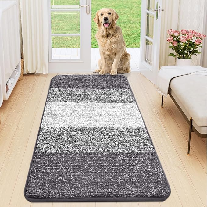 Smiry Dog Door Mat for Muddy Paws, Absorbs Moisture and Dirt, Low-Profile Entryway Mat with Non-Slip Backing, Entry Indoor Outdoor Doormat for Inside Floor (59x20 Inches, Light Grey, Striped) by Smiry
