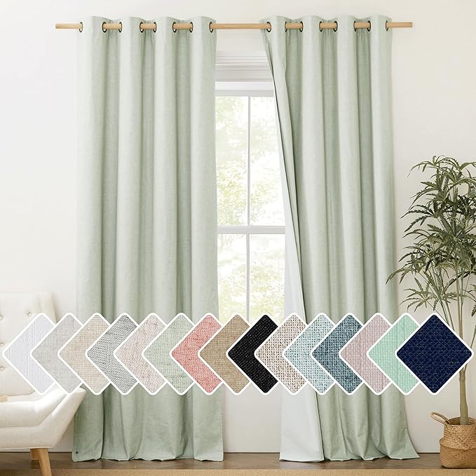 NICETOWN Full Blackout Sage Green Linen Curtains 102 inches Length with Thermal Insulated Liners for Living Room, 2 Panels, 52 inches W, Farmhouse Style Keep Warm Large Window Draperies for Hall by NICETOWN