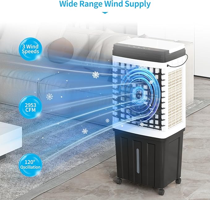 TABU 2953CFM Evaporative Air Cooler, 3-in-1 Portable Swamp Cooler with 9.3-Gal Water Tank, Cooling,Fan & Humidifier,120° Oscillation,3 Wind Speeds,7.5H-Timer,Remote Control,Ice Packs,Black - Image 6