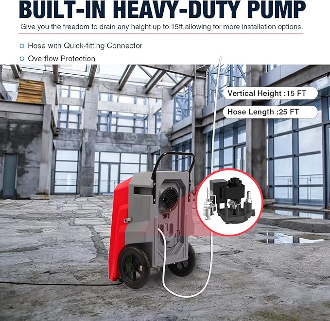 MOUNTO 180Pints Commercial Dehumidifier with Pump and Drain Hose, LGR Portable Dehumidifier with wheels for Home, Basements, Garages, and Job Sites. (Red) - Image 5