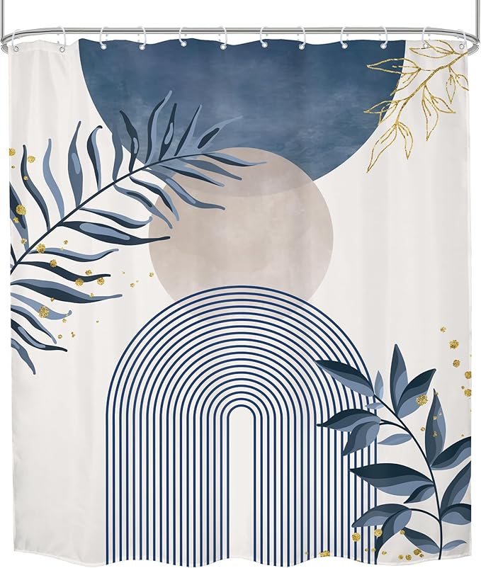 Blue Gray Boho Shower Curtain Dusty Blue Gold Leaves Modern Bohemian Abstract Mid Century Minimalist Grey Plant Bathroom Decor Geometric Arch 60Wx72H Bath Curtain Fabric Polyester 12 Pack Hooks - Image 8