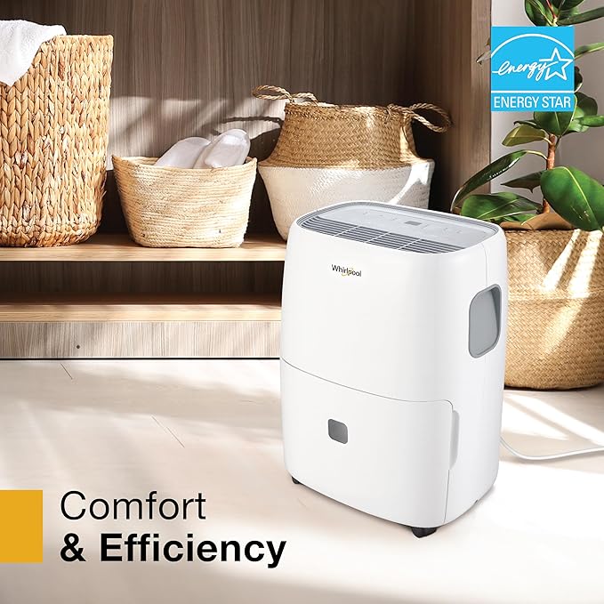 Whirlpool Energy Star 50-Pint Portable Dehumidifier with Built-in Pump, Auto-Shutoff and Timer, Home Dehumidifier and Moisture Absorber For Basement, Garage, Living Room in White - Image 9