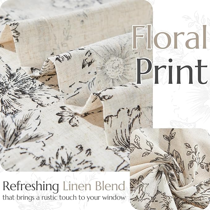 jinchan Pinch Pleated Curtains Floral Linen Blend Curtains for Living Room 63 Inch Length Black Peony Flower Printed Curtain Rod Pocket Back Tab Farmhouse Pinch Pleat Drapes with Hooks Set 2 Panels - Image 6