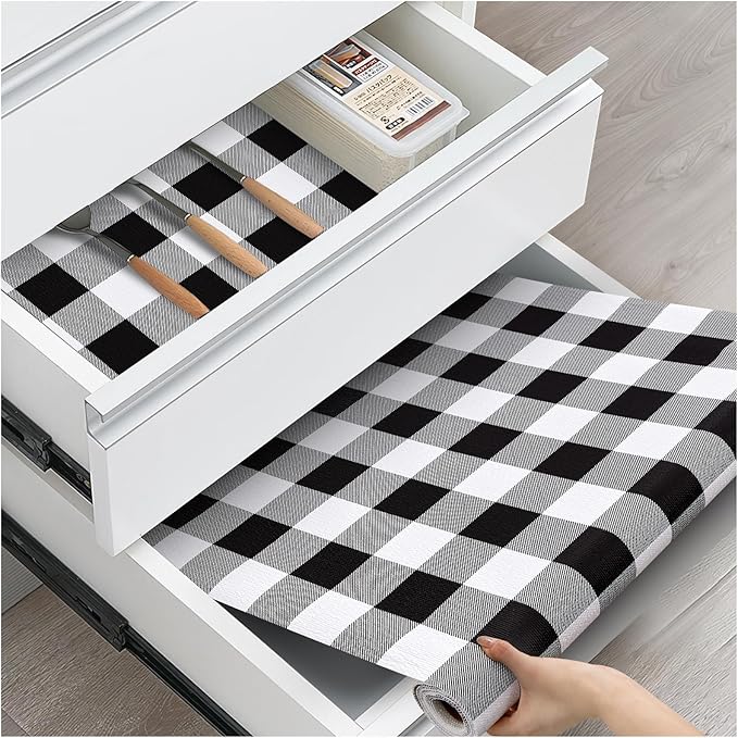 Drawer and Shelf Liner, Non-Slip Kitchen Cabinet Liners Non-Adhesive Thick Strong Grip Waterproof Washable Mats Protect Dresser Shelves Cupboard Bathroom Cabinets, Buffalo Plaid, 12 in X 10 FT by ALIUNI