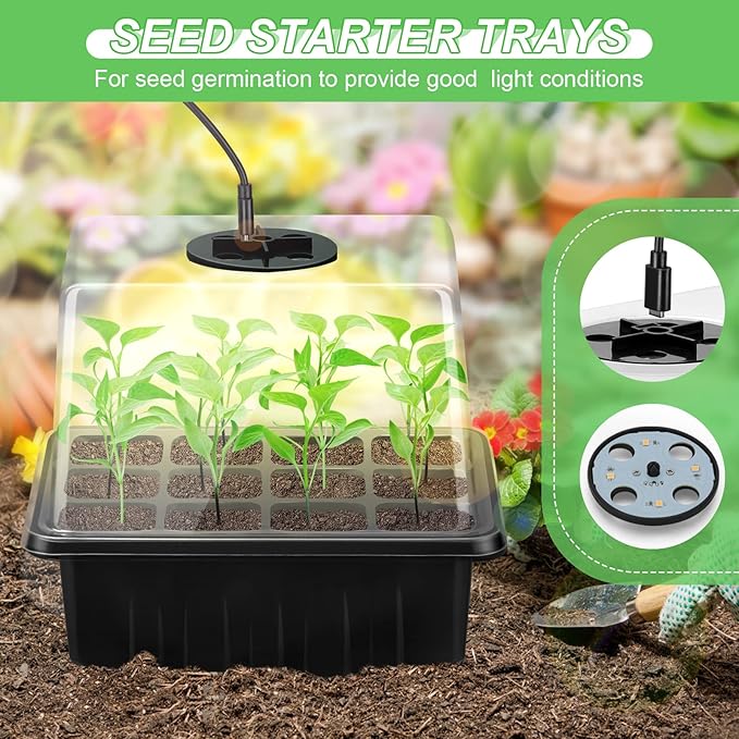 Lunies 6 Packs Seed Starter Trays with Grow Light, Seeding Starter Tray with Adjustable Humidity Dome, Base Indoor Greenhouse Germination Kit for Seed Growing Starting(12 Cells per Tray, Black) - Image 3
