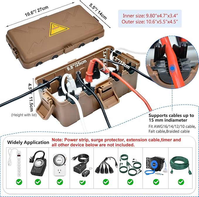Hrensaw Medium Outdoor Electrical Box(10.6x5.5x4.5inch),Weatherproof Connection Box w/6 Cable Entry,IP54 Waterproof Extension Cord Cover Protect Power Strip,Timer,Plug,Holiday Lights,Brown - Image 2