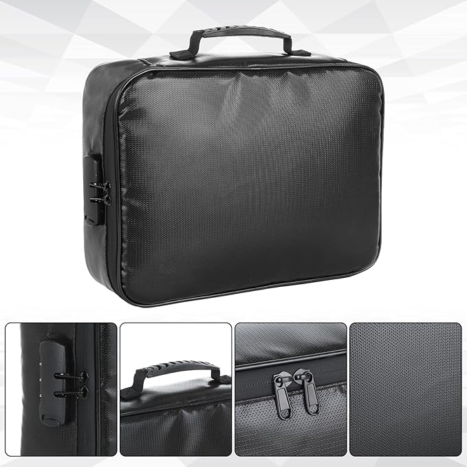 Fireproof Document Box with Lock, Waterproof File Organizer Portable Travel Safe Storage Black Insulated Document Holder for Important Documents Passport Certificates Money U Disk Cards - Image 3