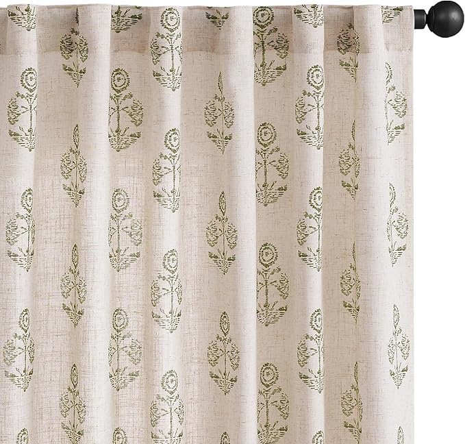 jinchan Linen Floral Curtains for Living Room 63 Inch Length Green Flower Cottage Core Farmhouse Curtains Rod Pocket Back Tab Boho Semi Sheer Window Drapes Bedroom Set 2 Panels Green on Beige by JINCHAN