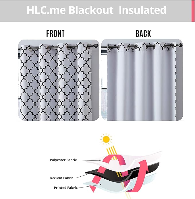 HLC.ME Lattice Print White Black Blackout Curtains 84 Long - Thermal Noise Cancelling Darkening Grommet Draperies Window Treatments Set Draperies - 2 Panels - 37 W x 84 L - Platinum White & Black - Image 3