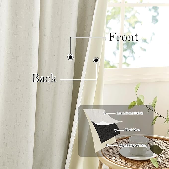 RYB HOME Cream White Linen Blackout Curtains, 100% Blackout Thermal Insulated Boho Farmhouse Window Curtain Panels for Living Room, Back Tab & Rod Pocket, 52" W x 96" L, 2 Panels Set - Image 3