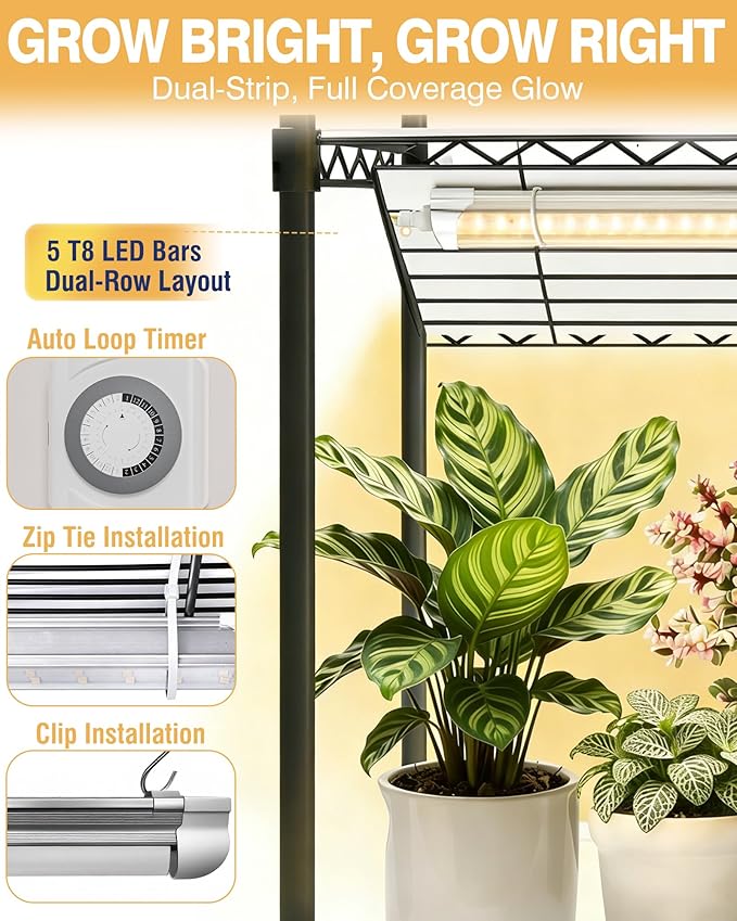 PYY Indoor Greenhouse with Grow Light - 6 Tier Heavy Duty T8 3000K Grow Lights, Curved Zip Door, Thermometer & Timer, Adjustable Shelves, 4 Caster Wheels for Home & Garden (27.6"x15.7"x70.9") - Image 6
