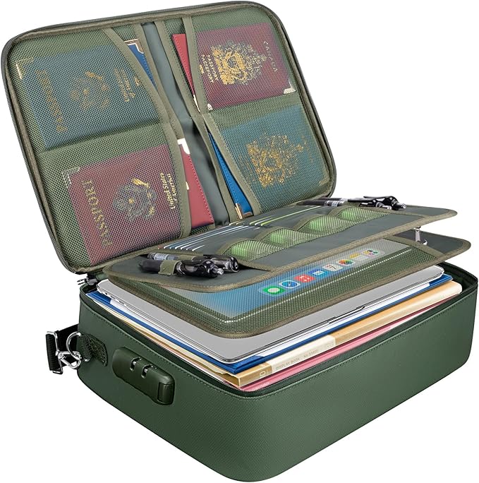 BALEINE Fireproof Document Box with Lock, Portable Fireproof Document Bag Waterproof Fire Proof File Boxes for Documents, File Organizer Box for Important Paperwork (Green, 15''x11''x4'') by BALEINE