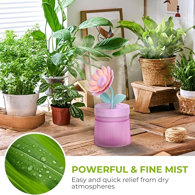 Cute Flower Mini Humidifier, 260ml Sunflower Desktop Humidifiers for Bedroom, Portable Small Cool Mist Humidification for Home, Baby Nursery, Office & Indoor Plants, USB Powered (Purple) - Image 2