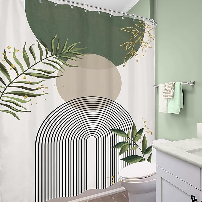 Green Boho Shower Curtain 72Wx96H Extra Long Mid Century Modern Abstract Green Gold Minimalist Leaves Sun Arch Bathroom Decor Geometric Plant Bath Curtain Fabric Polyester 12 Pack Hooks - Image 4