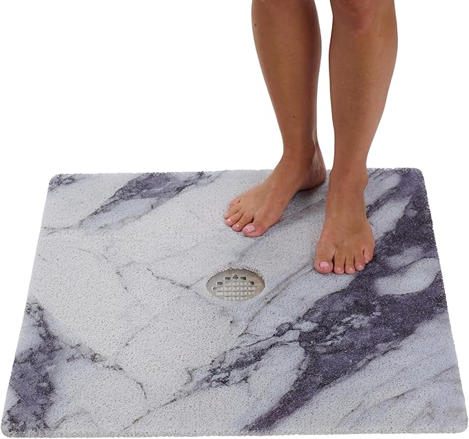 Shower Mat with Center Drain Hole - Secure Loofah Non Slip Shower Mats for Inside Shower - 27x27 Square Bath Mats for Shower - Anti Slip Shower Stall Mat - Square Shower Floor Mat (27x27 Blue Gray) by ENKOSI