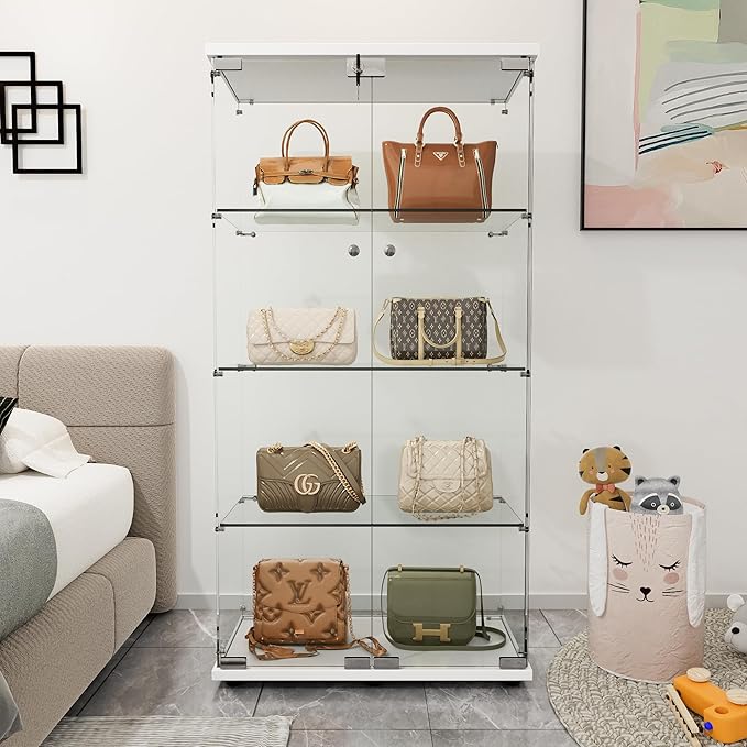 Yoluckea 4 Shelves Glass Display Cabinet with 2 Doors, Floor Standing Clear Glass Curio Cabinet Collection Display Case for Living Room Bedroom 64.56” x 31.69” x 14.37” White - Image 3