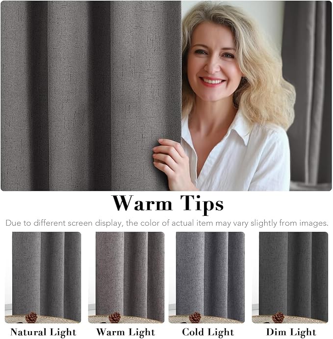 H.VERSAILTEX Linen Curtains 100% Blackout Curtains for Bedroom 102 inch Long Full Light Blocking Nature Linen Blended Window Curtains for Living Room Nickel Grommet (2 Panels, Grey) - Image 5