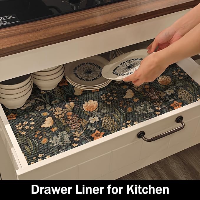 Vintage Floral Drawer Liner, Non-Adhesive and Strong Non-Slip Floral Shelf Cabinet Drawer Liners for Kitchen, Waterproof Cupboard Liners,Easy to Clean,12IN x 10FT,Dark Green - Image 4