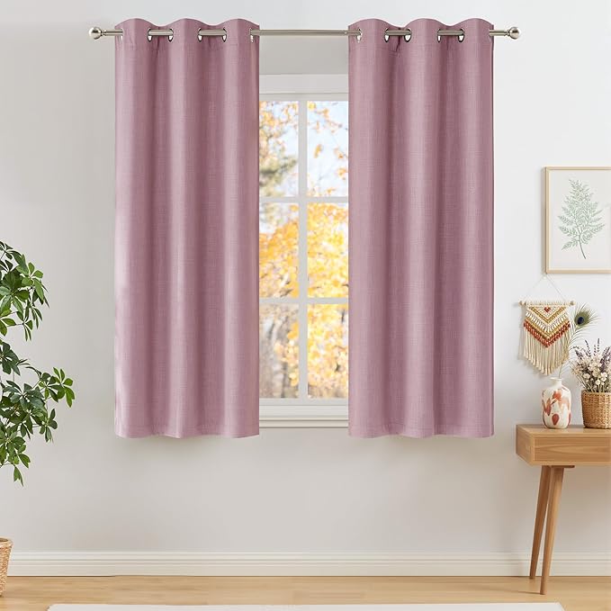 NICETOWN Short Faux Linen Pink Blackout Curtains 63 inches Long for Kitchen - Privacy Panels for Living Room Bedroom, Modern Farmhouse Style Easy Care Grommet Top, 2 Panels, W42 by L63 by NICETOWN